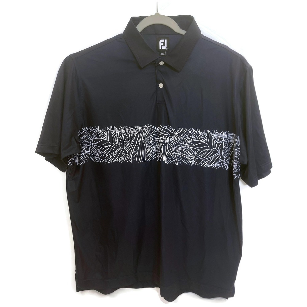 FootJoy Polo Shirt Mens XL Navy Performance Golf Bali Hai Embroidered Palm Leaf